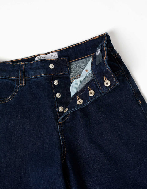 Wide Leg Jeans with Front Snap Buttons for Girls, Dark Blue