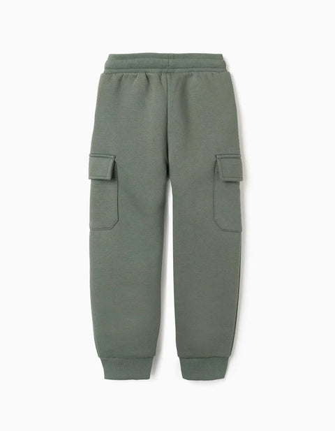 Brushed Joggers with Cargo Pockets and Print for Boys, Dark Green