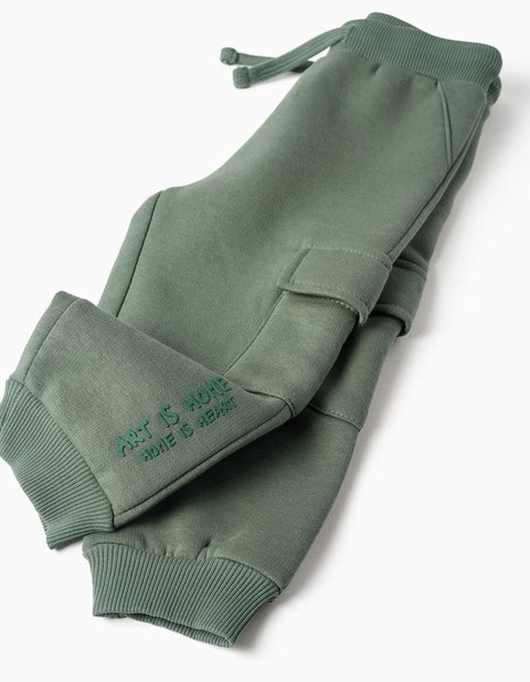 Brushed Joggers with Cargo Pockets and Print for Baby Boys, Green