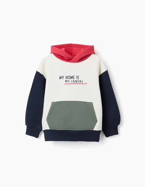 Brushed Hooded Sweatshirt with Print for Boys, White/Blue/Green/Red