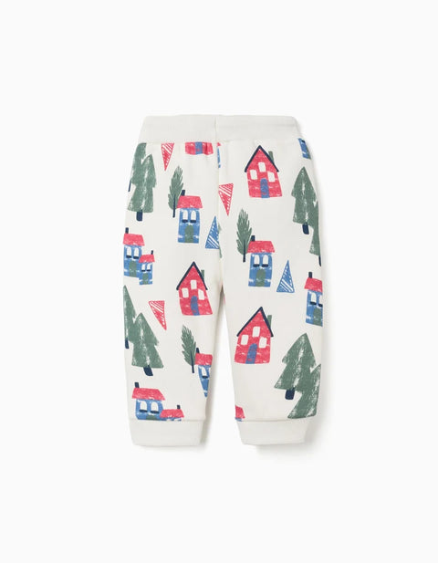 Brushed Joggers with House and Tree Print for Baby Boys, White