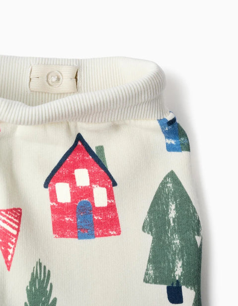 Brushed Joggers with House and Tree Print for Baby Boys, White
