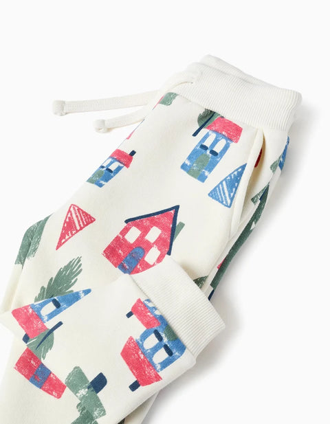 Brushed Joggers with House and Tree Print for Baby Boys, White