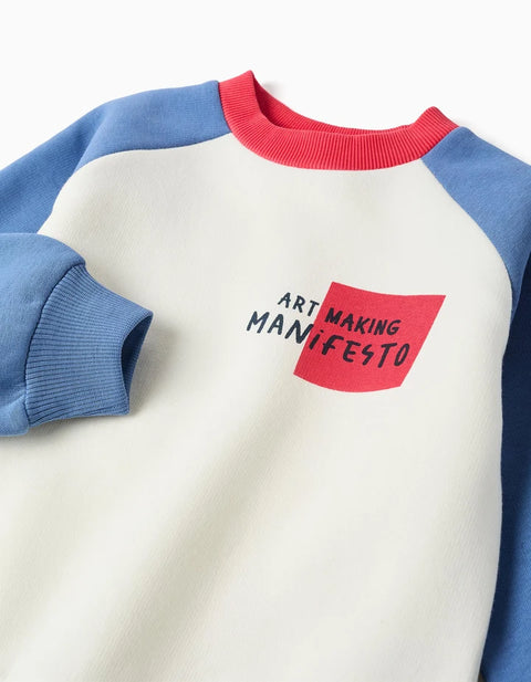 Brushed Sweatshirt with Art Manifesto Print for Boys, White/Blue/Red