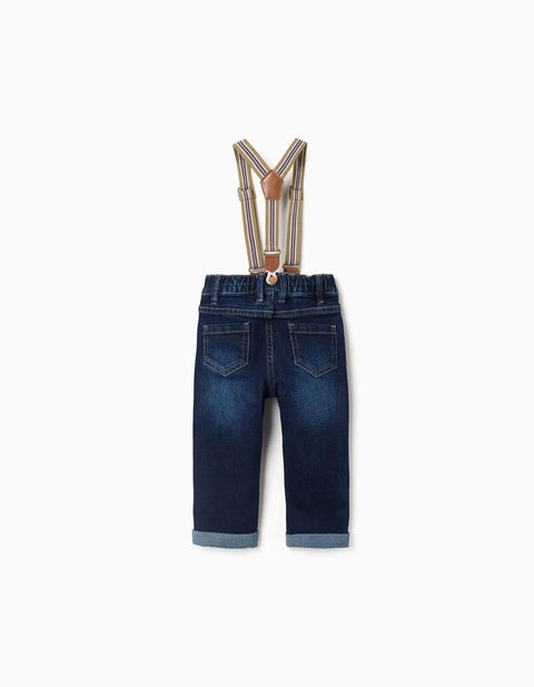 Denim Trousers with Removable Braces for Baby Boys, Dark Blue