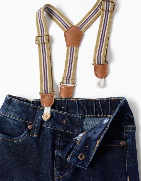Denim Trousers with Removable Braces for Baby Boys, Dark Blue