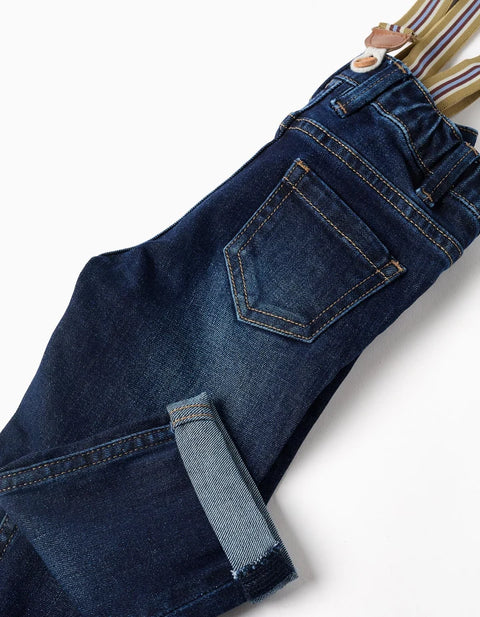 Denim Trousers with Removable Braces for Baby Boys, Dark Blue