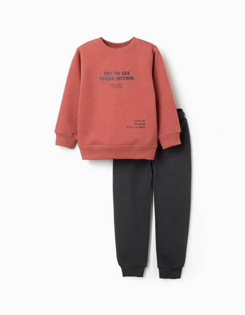 Brushed Jogging Set with Print for Boys, Terracotta/Dark Grey
