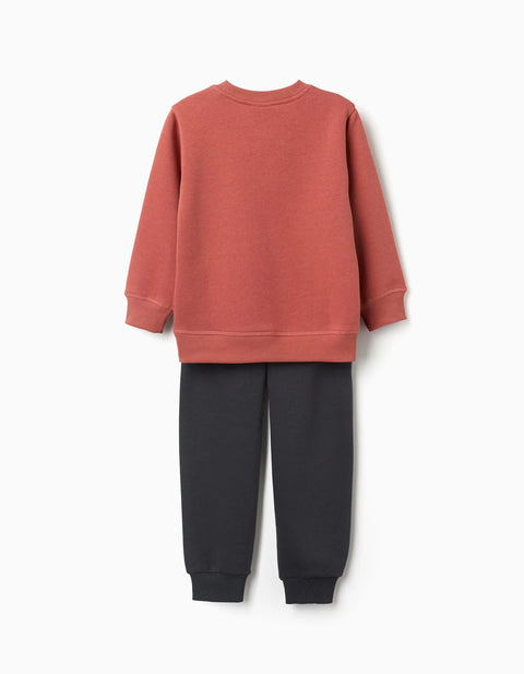 Brushed Jogging Set with Print for Boys, Terracotta/Dark Grey