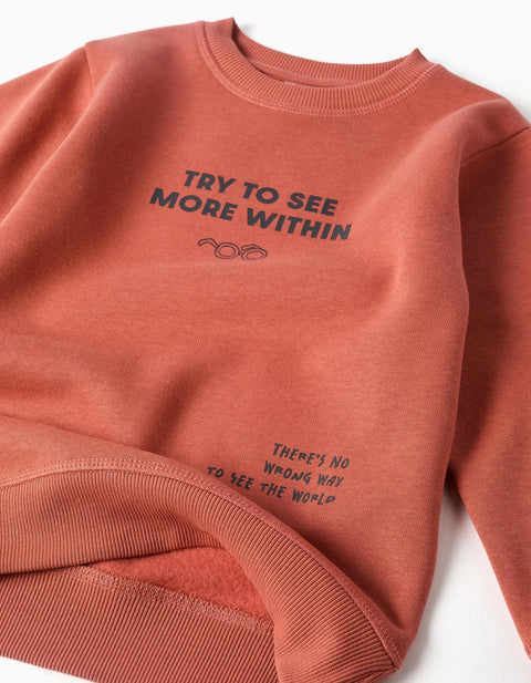 Brushed Jogging Set with Print for Boys, Terracotta/Dark Grey