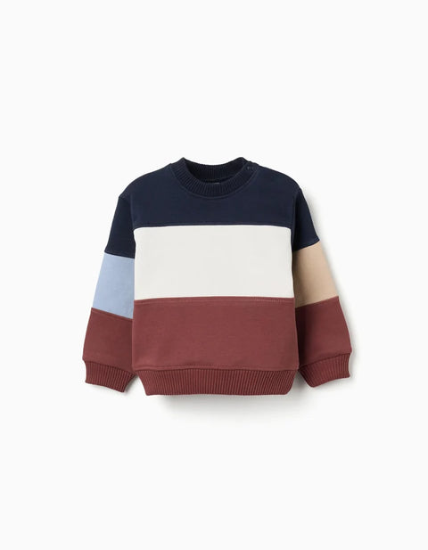 Cotton Sweatshirt with Colour Block for Baby Boys, Blue/White/Brown/Beige