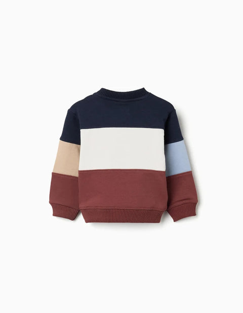Cotton Sweatshirt with Colour Block for Baby Boys, Blue/White/Brown/Beige