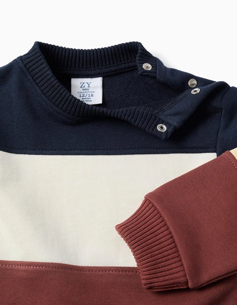 Cotton Sweatshirt with Colour Block for Baby Boys, Blue/White/Brown/Beige