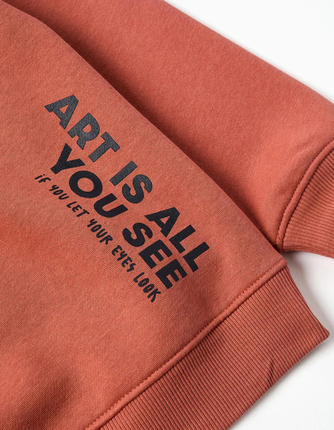 Brushed Hooded Sweatshirt with Print for Boys, Terracotta
