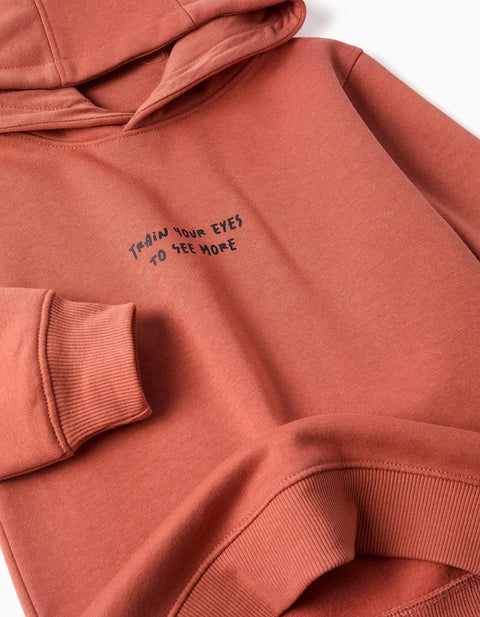 Brushed Hooded Sweatshirt with Print for Boys, Terracotta