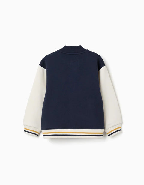 Brushed Bomber Jacket with Print for Boys, Navy Blue/White/Yellow