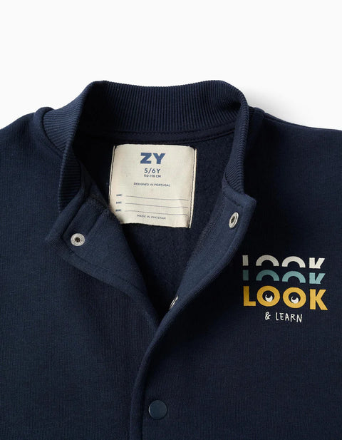 Brushed Bomber Jacket with Print for Boys, Navy Blue/White/Yellow