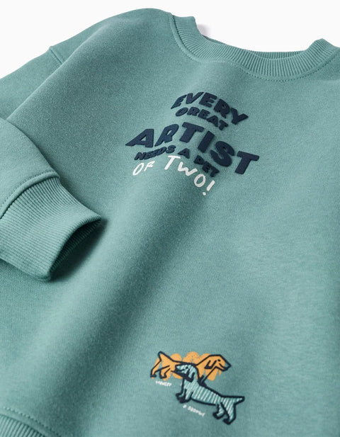 Brushed Sweatshirt with Embossed Print for Boys, Blue-Green