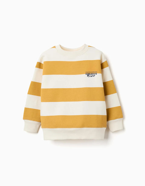 Striped Brushed Sweatshirt with Print for Boys, White/Yellow