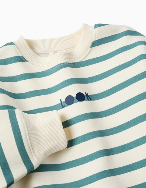 Striped Brushed Sweatshirt with Print for Boys, White/Blue-Green