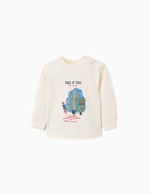 Long Sleeve Cotton T-Shirt with 3D Tree Print for Baby Boys, White