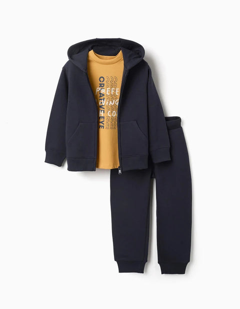 3-Piece Cotton Jogging Set for Boys, Navy Blue/Yellow
