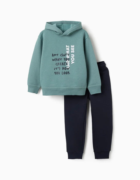Brushed Sweatshirt and Joggers Set with Print for Boys, Blue-Green/Blue