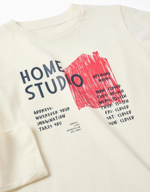Long Sleeve Cotton T-Shirt with Home Studio Print for Boys, White