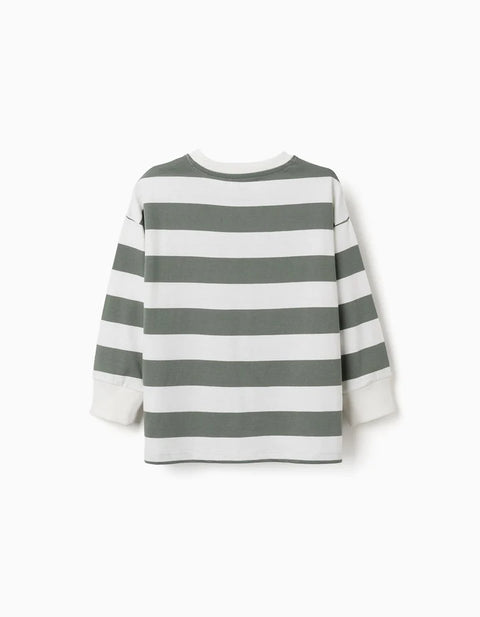 Long Sleeve Cotton T-Shirt with Stripes and Print for Boys, White/Green