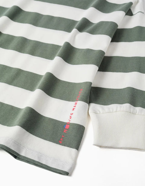 Long Sleeve Cotton T-Shirt with Stripes and Print for Boys, White/Green