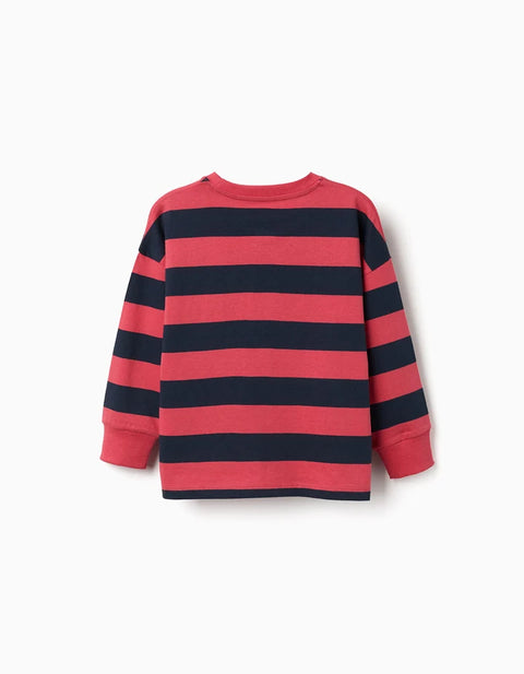 Long Sleeve Cotton T-Shirt with Stripes and Print for Boys, Red/Blue