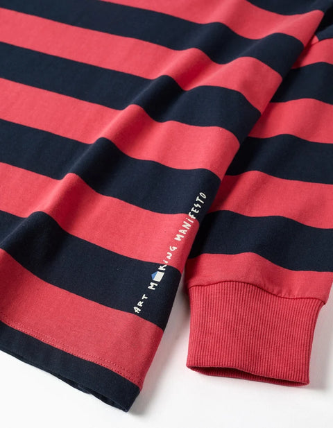 Long Sleeve Cotton T-Shirt with Stripes and Print for Boys, Red/Blue