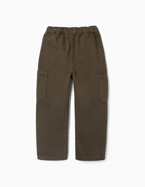 Baggy Twill Trousers with Cargo Pockets for Boys, Brown