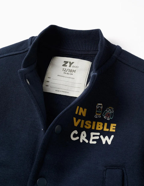 Brushed Bomber Jacket with Print for Baby Boys, Navy Blue/White/Yellow