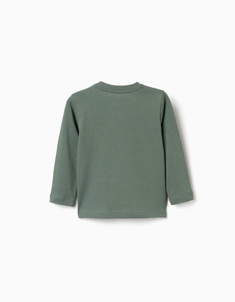 Long Sleeve Cotton T-Shirt with Sit and Draw Print for Baby Boys, Green