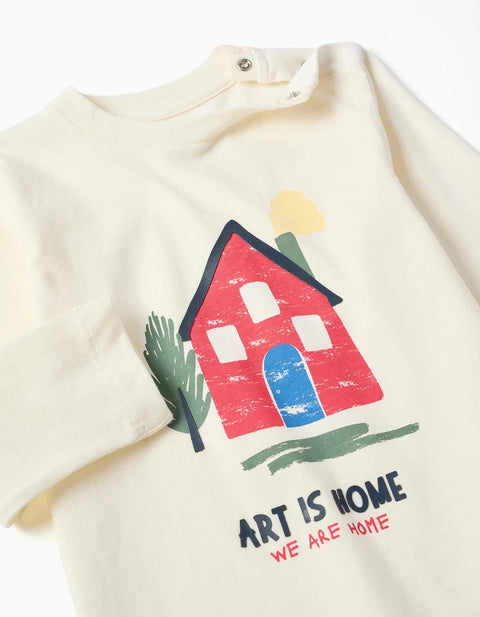 Long Sleeve Cotton T-Shirt with House Print for Baby Boys, White