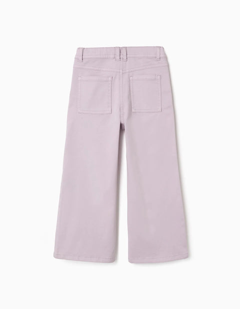 Wide Leg Twill Trousers with Four Pockets for Girls, Light Purple