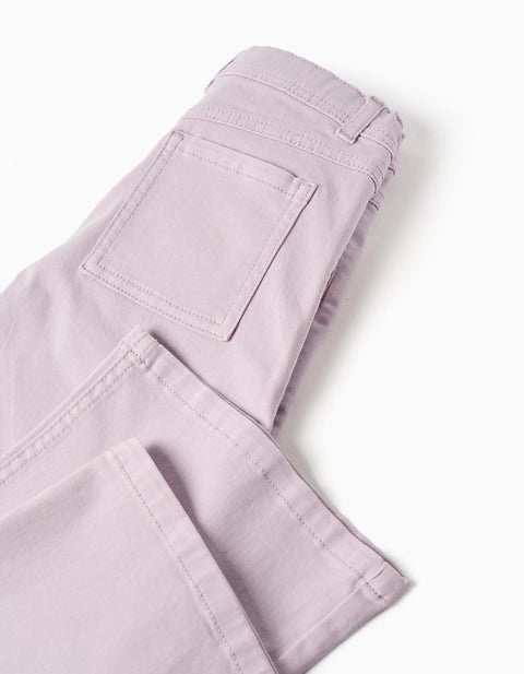 Wide Leg Twill Trousers with Four Pockets for Girls, Light Purple