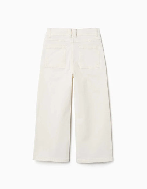 Wide Leg Twill Trousers with Four Pockets for Girls, White