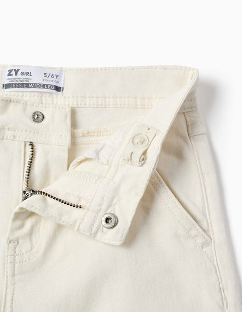 Wide Leg Twill Trousers with Four Pockets for Girls, White