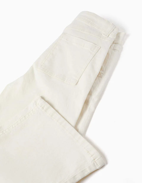 Wide Leg Twill Trousers with Four Pockets for Girls, White