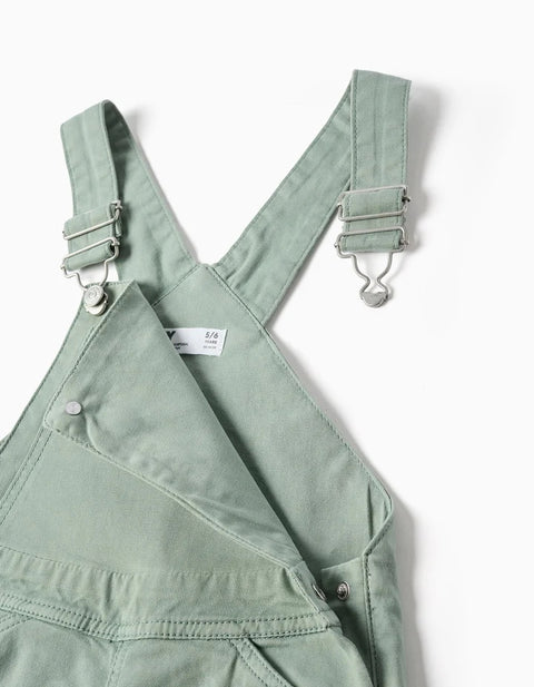 Wide Leg Twill Dungarees for Girls, Light Green