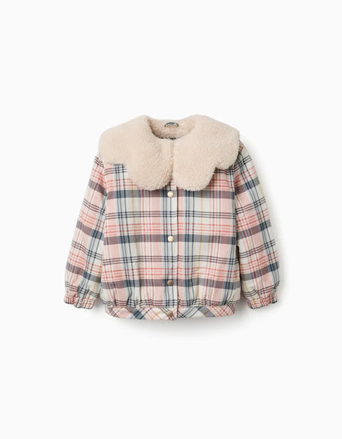 Checked Jacket with Sherpa Collar and Lining for Girls, mMulticolour