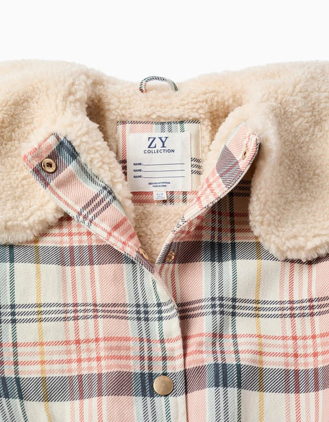 Checked Jacket with Sherpa Collar and Lining for Girls, mMulticolour