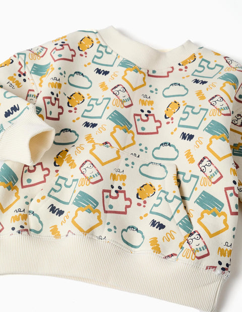 Brushed Sweatshirt with Colourful Print for Baby Boys, White