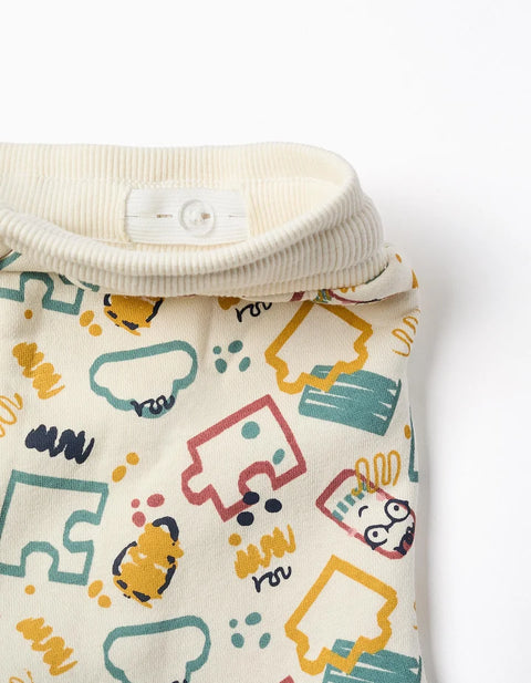 Brushed Fleece Joggers with Colourful Print for Baby Boys, White