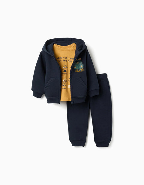 3-Piece Brushed Jogging Set for Baby Boys, Navy Blue/Yellow