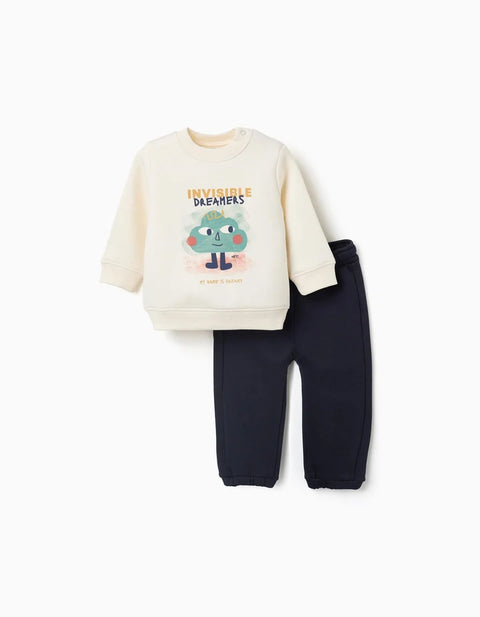 Brushed Jogging Set with Dreamers Print for Baby Boys, White/Navy Blue
