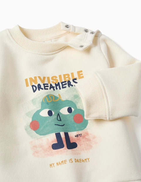 Brushed Jogging Set with Dreamers Print for Baby Boys, White/Navy Blue