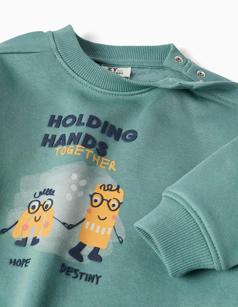 Brushed Sweatshirt with Holding Hands Print for Baby Boys, Blue-Green